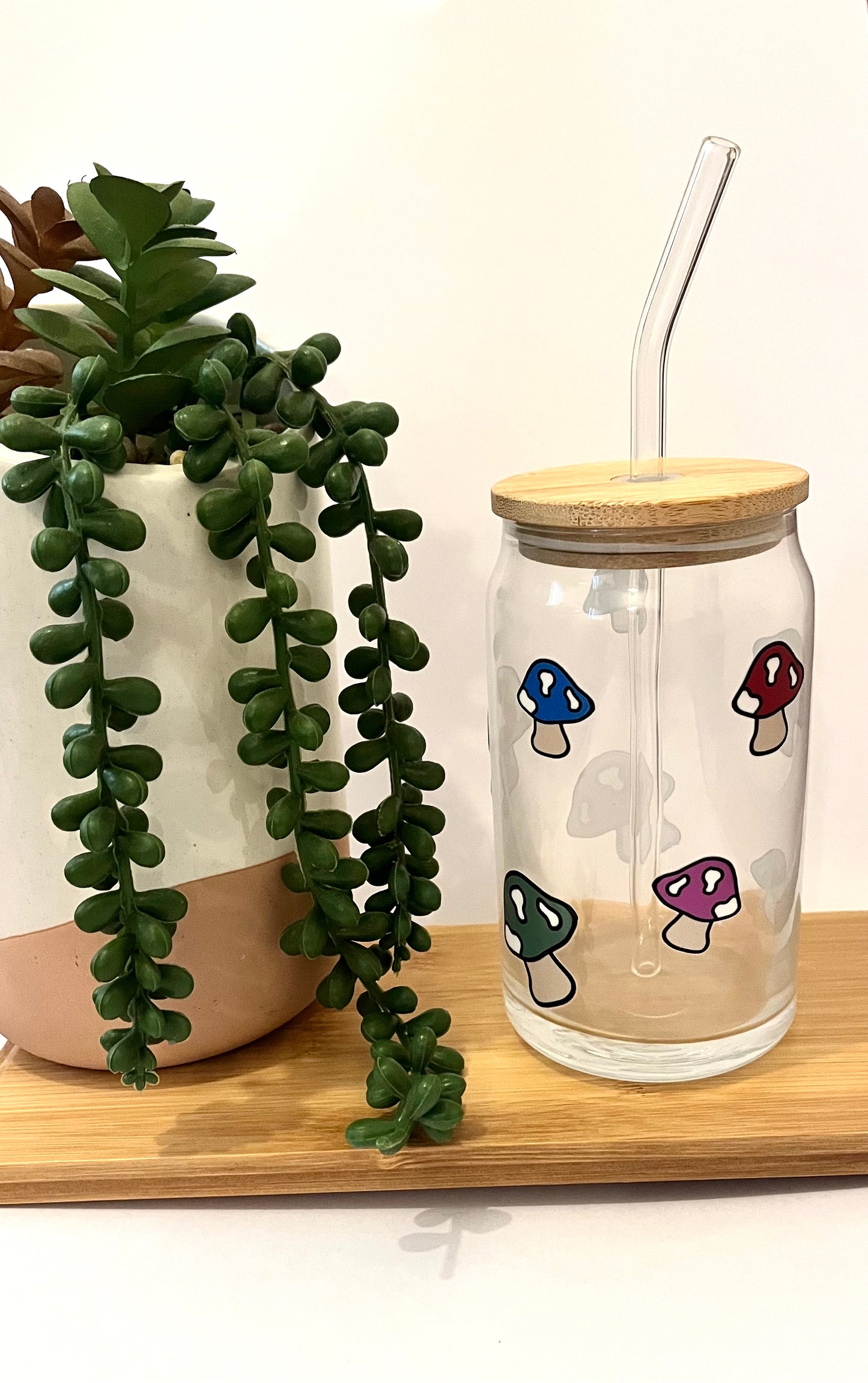 Mushroom Glass Can With Bamboo Lid And Glass Straw