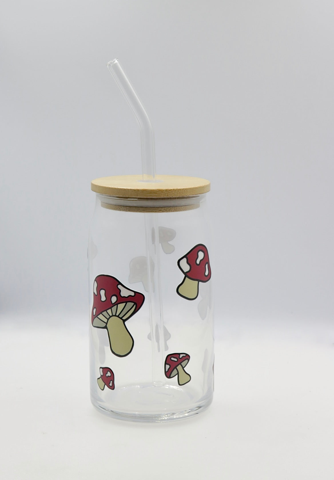 Mushroom Glass Can With Bamboo Lid And Glass Straw