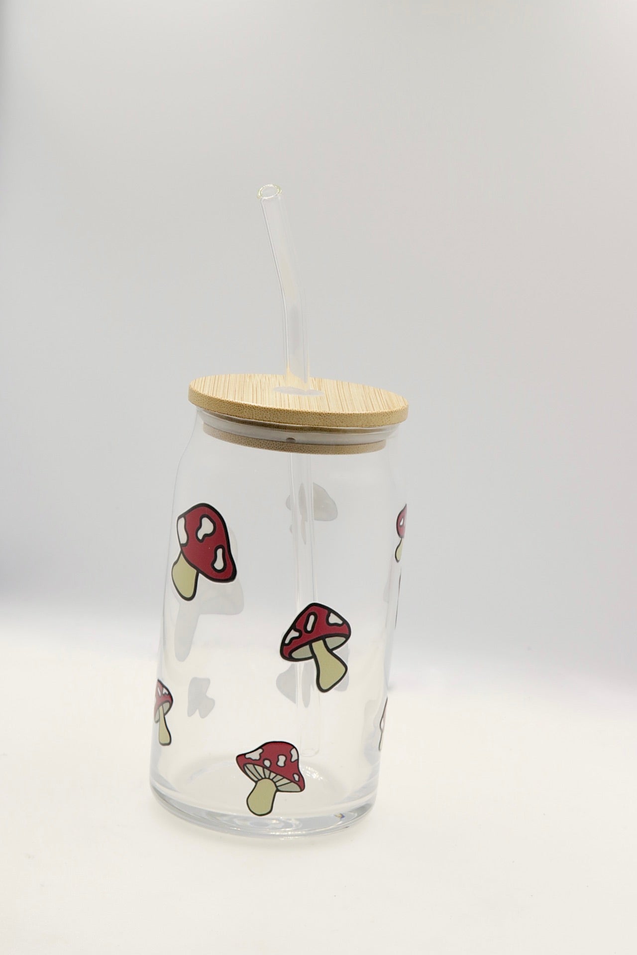 Mushroom Glass Can With Bamboo Lid And Glass Straw