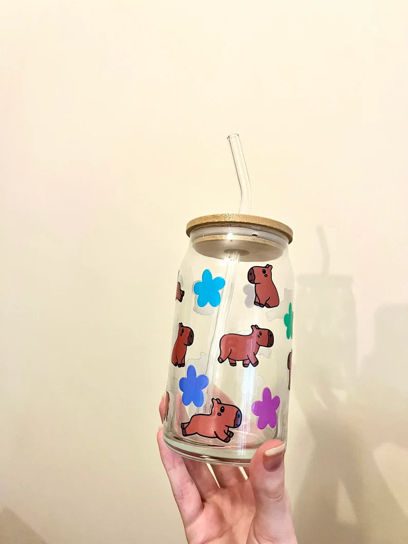 Capybara 16 oz Glass Can With Bamboo Lid And Straw