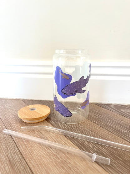 Whale Shark Glass Can With Bamboo Lid And Glass Straw