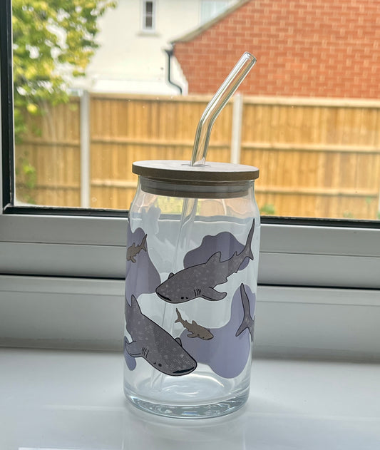 Whale Shark Light Glass Can With Bamboo Lid And Glass Straw