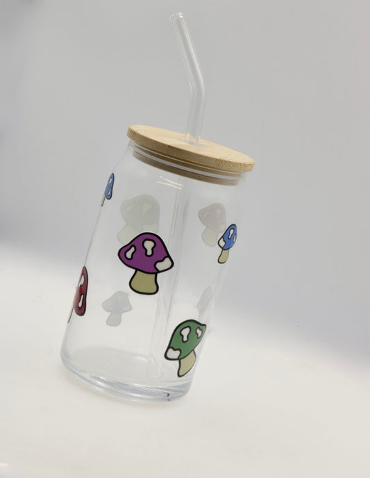 Mushroom Glass Can With Bamboo Lid And Glass Straw