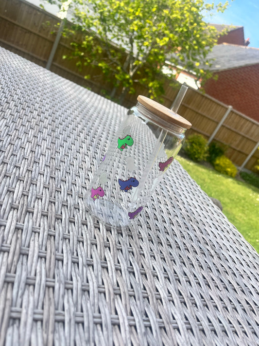 Dinosaur Glass Can With Bamboo Lid And Glass Straw