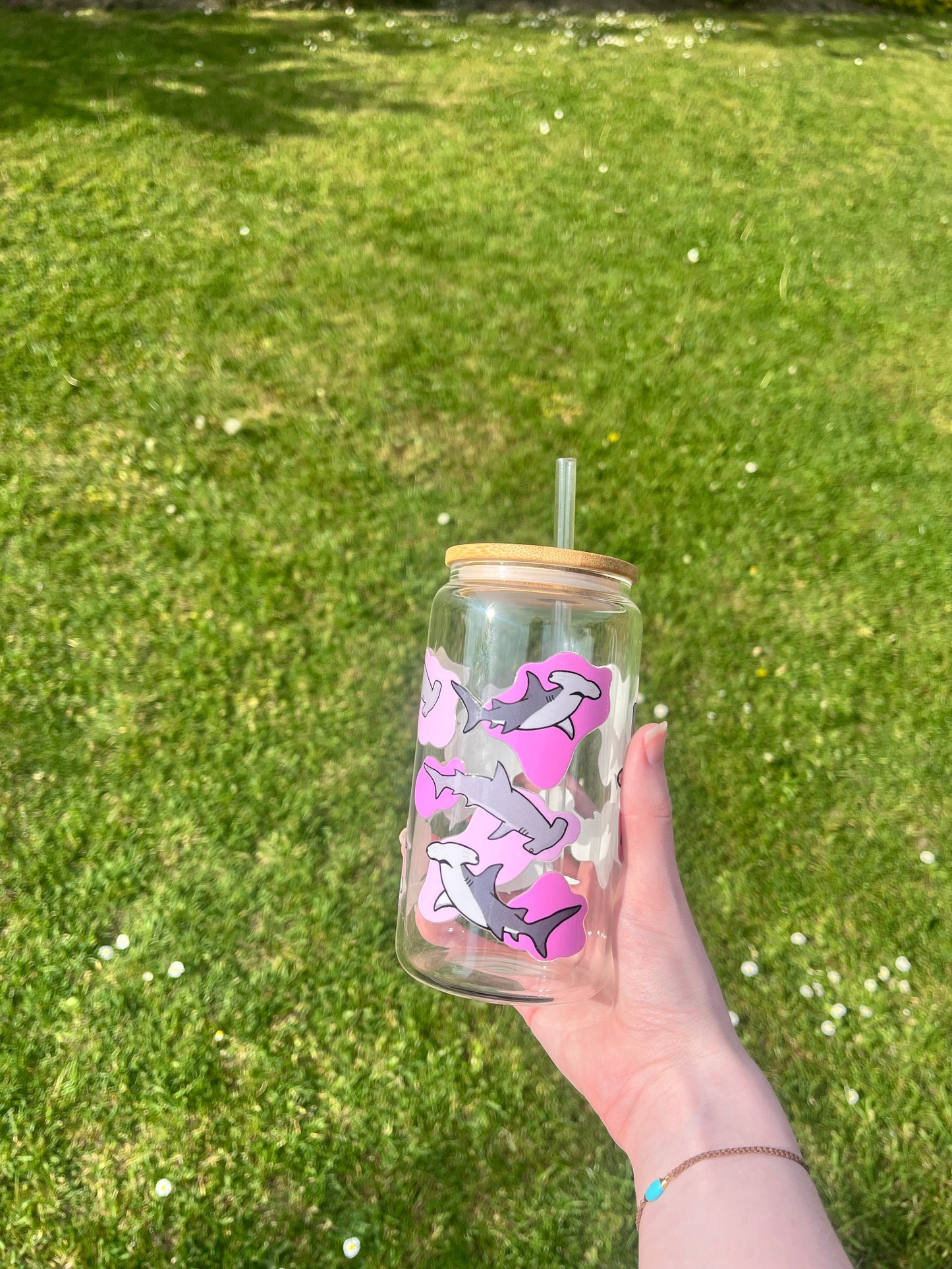 Hammerhead Shark Glass Can With Bamboo Lid And Glass Straw