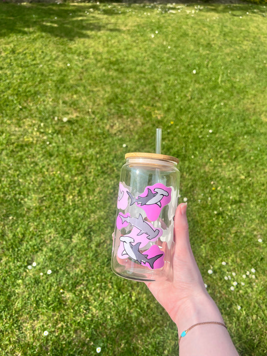 Hammerhead Shark Glass Can With Bamboo Lid And Glass Straw