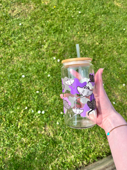 Manta Ray Glass Can With Bamboo Lid And Glass Straw