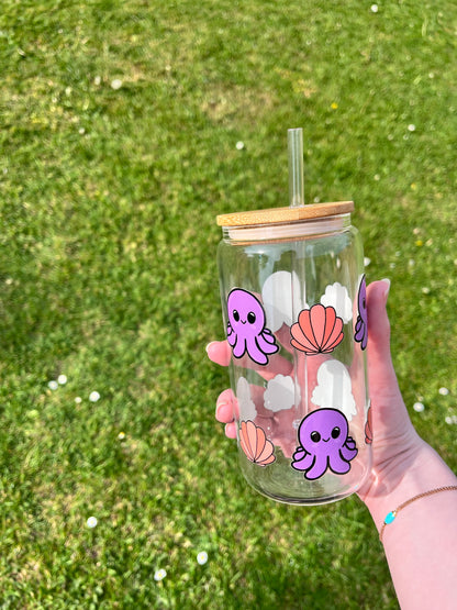 Octopus Glass Can With Bamboo Lid And Glass Straw