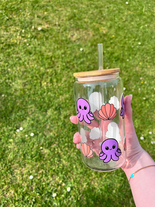 Octopus Glass Can With Bamboo Lid And Glass Straw
