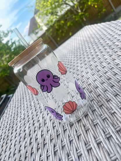 Octopus Glass Can With Bamboo Lid And Glass Straw