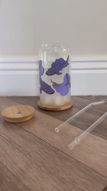 Whale Shark Glass Can With Bamboo Lid And Glass Straw