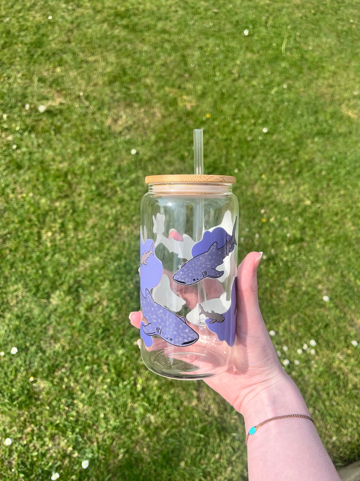Whale Shark Glass Can With Bamboo Lid And Glass Straw